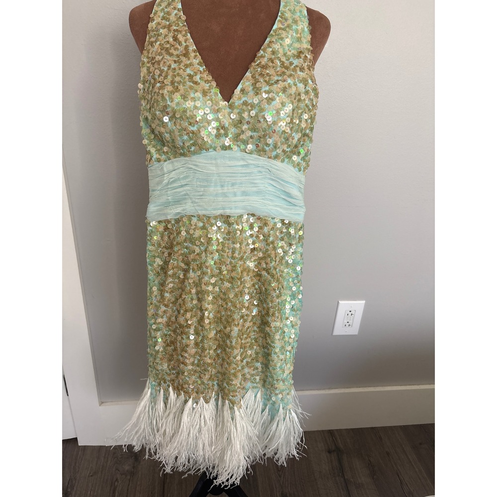 Beyond by Jovani Aqua Gold Sequin Feather Hem Halter Cocktail Dress Womens 2